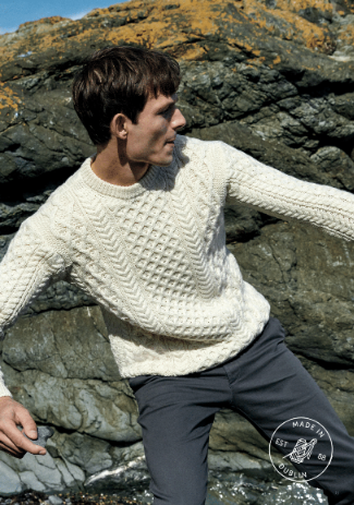 IRELAND'S EYE MEN'S BLASKET HONEYCOMB STITCH CREW NECK SWEATER NATURAL