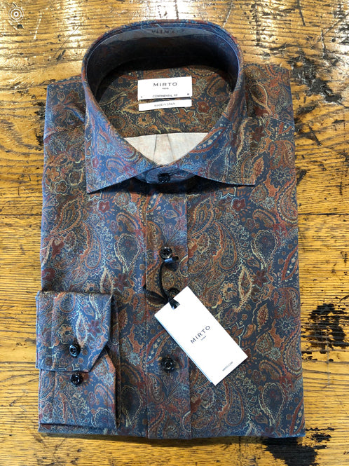 Mirto Long Sleeve Sport Shirt in Muted Paisley Pattern with Navy Background