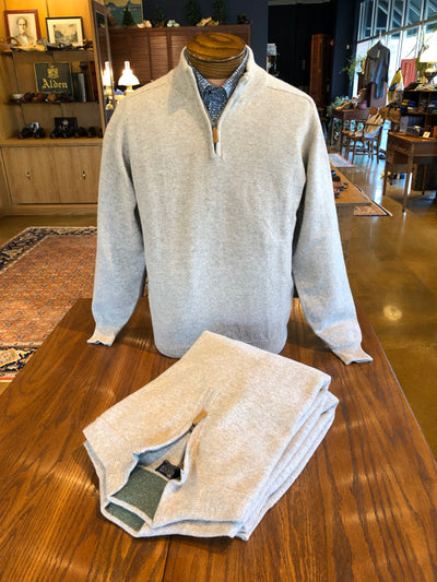 WILLIAM LOCKIE LEVEN ZIP NECK LAMBSWOOL SWEATER IN COBBLE