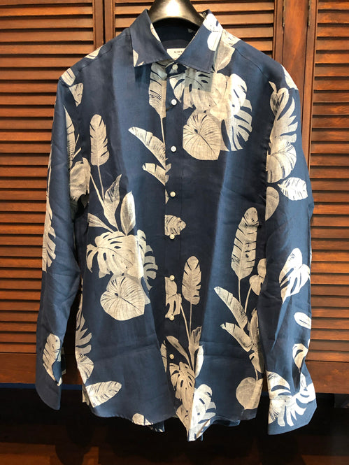 Mirto Linen Long-Sleeve Sport Shirt in Navy