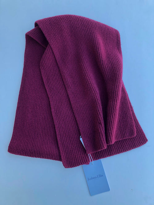 JOSHUA ELLIS HANDMADE 100% CASHMERE KNITTED RIBBED SCARF IN BURGUNDY