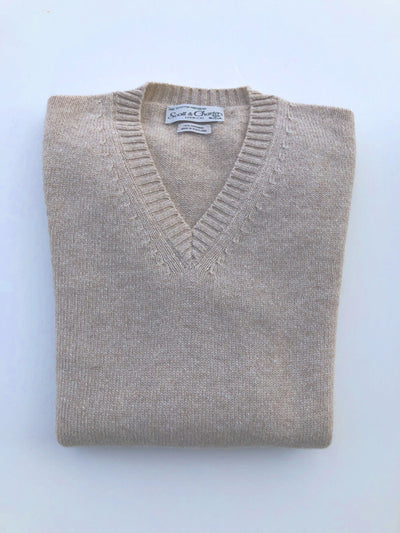 SCOTT & CHARTERS WOMEN'S 100% CASHMERE V-NECK SWEATER IN OATMEAL