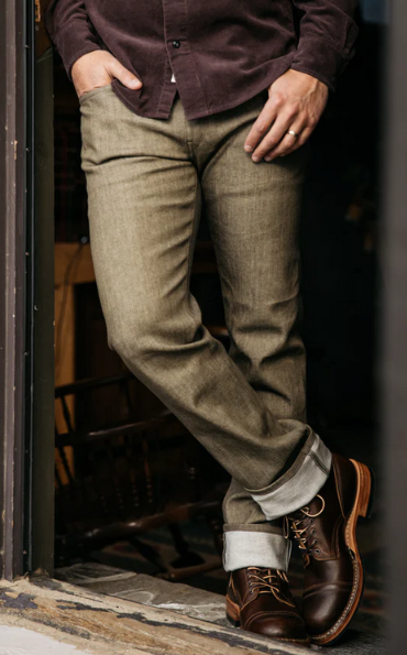 HIROSHI KATO 10.5 oz 4-Way Stretch Selvedge Denim Dark Green Raw Straight Cut Jeans (Hammer Model)