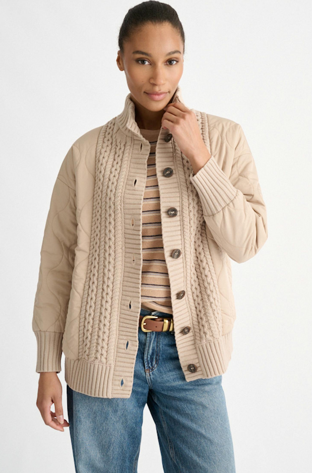 KINROSS CASHMERE QUILTED CABLE CARDIGAN SWEATER JACKET IN KHAKI