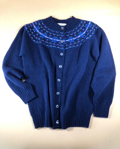 Harley of Scotland Women's Supersoft Wool Fair Isle Yoke Cardigan Sweater in Navy