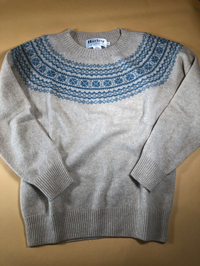 Harley of Scotland Women's Superfine Lambswool Fair Isle Yoke Crew Neck Sweater in Oatmeal/Oribe Green