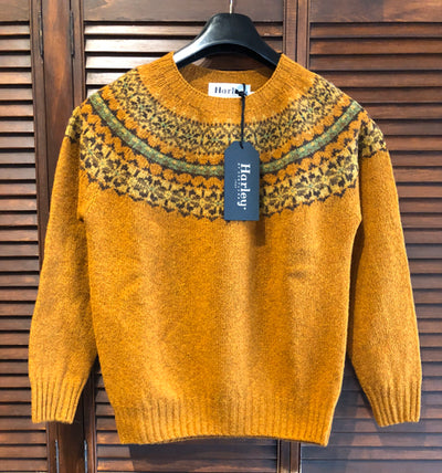 Harley of Scotland's Anniversary Fair Isle Yoke Women's Crew Neck Sweater in Vintage Orange