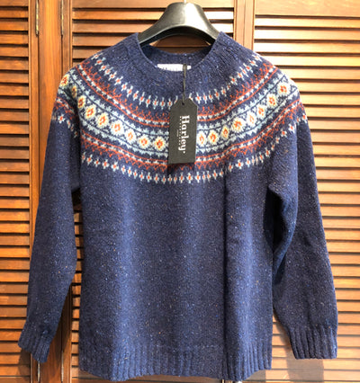 Harley of Scotland's Women's Glenugie Nep Fair Isle Yoke Crew Neck Sweater in Jura Blue