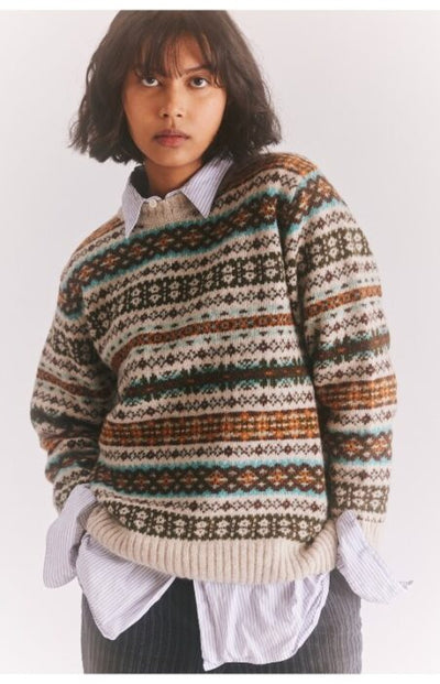 Harley of Scotland Women's All Over Fair Isle Crew Neck Sweater in Putty
