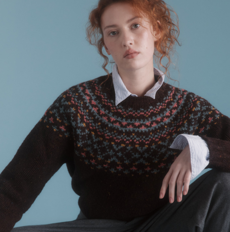 Harley of Scotland Women's Glenugie Nep Chunky Fair Isle Yoke Crew Neck Sweater in Lewis