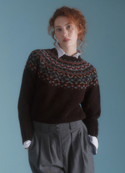 Harley of Scotland Women's Glenugie Nep Chunky Fair Isle Yoke Crew Neck Sweater in Lewis