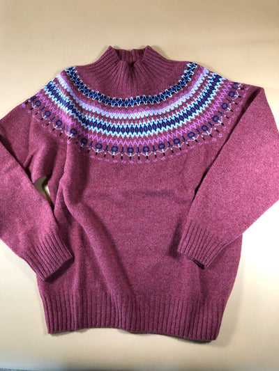Harley of Scotland Women's Superfine Lambswool Fair Isle Yoke Funnel Neck Sweater in Cinder