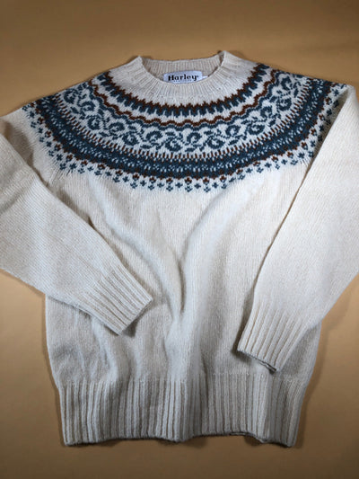 Harley of Scotland Women's Supersoft Wool Fair Isle Yoke Crew Neck Sweater in Vanilla