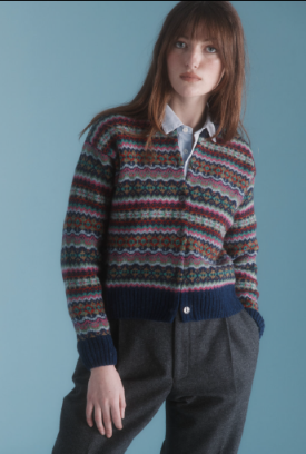 Harley of Scotland Women's Supersoft Wool Fair Isle Cropped Cardigan Sweater in Night Sky Blue