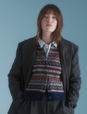 Harley of Scotland Women's Supersoft Wool Fair Isle Cropped Cardigan Sweater in Night Sky Blue