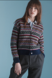 Harley of Scotland Women's Supersoft Wool Fair Isle Cropped Cardigan Sweater in Night Sky Blue