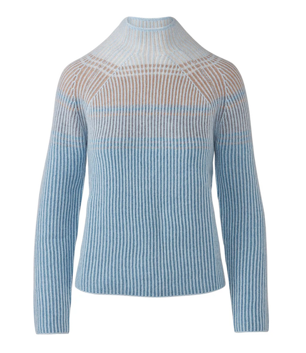 KINROSS CASHMERE PLAITED RIB COLORBLOCK FUNNEL NECK CASHMERE SWEATER IN LOCH