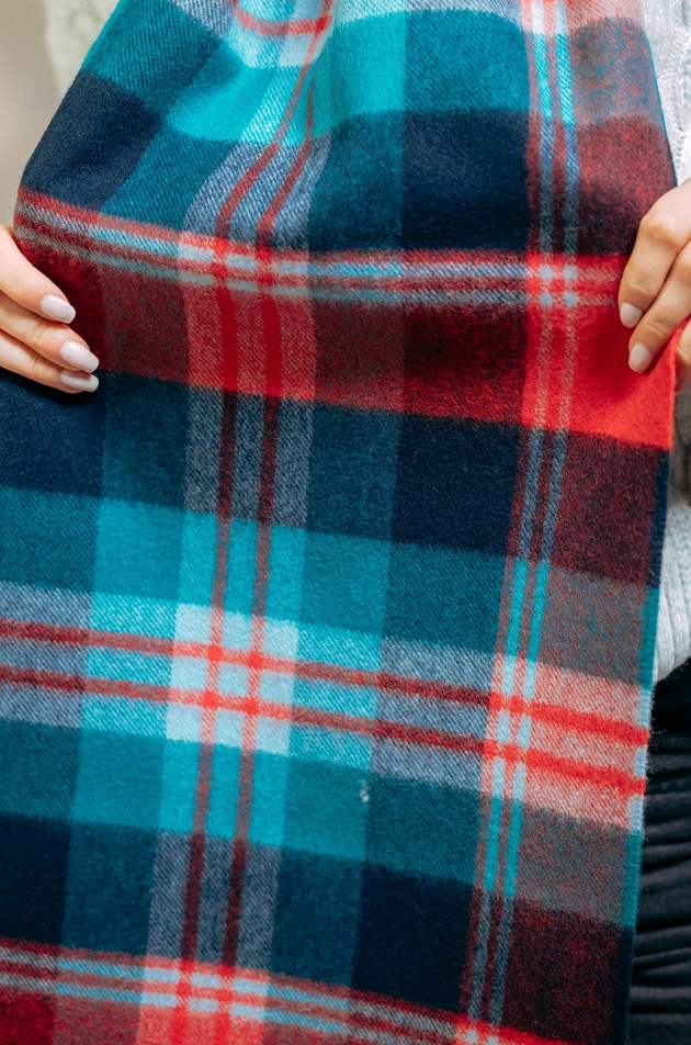 JOSHUA ELLIS HANDMADE 100% LAMBSWOOL SCARF IN TURQUOISE/RED PLAID