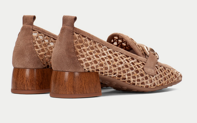 HISPANITAS Women's Raffia & Leather Moccasin with Heel in Desert Tan