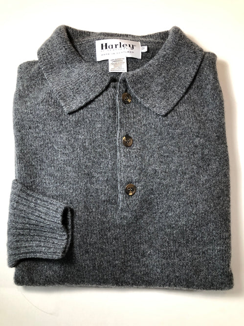 Harley of Scotland Men's Superfine Lambswool Polo Neck Sweater in Derby Grey