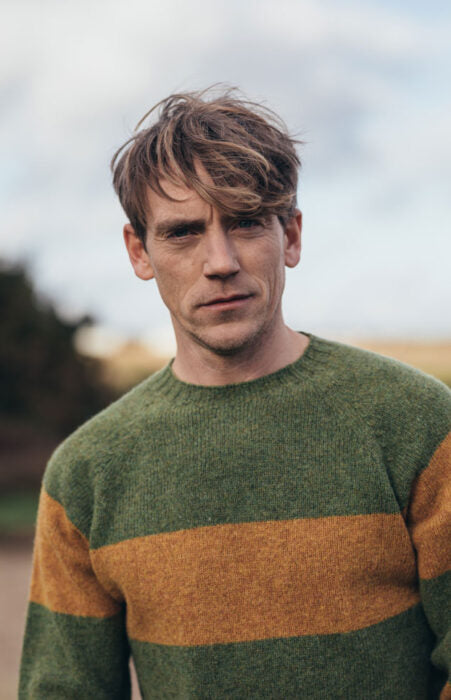 Harley of Scotland Men's Rugby Stripe Crew Neck Sweater in Olive Grove and Cummin