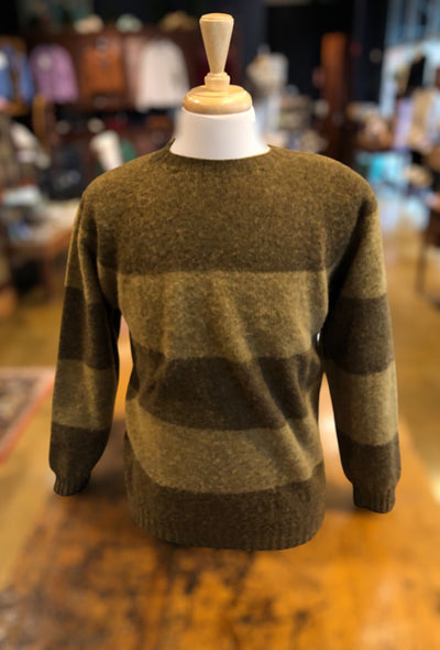 Harley of Scotland Men's Rugby Stripe Crew Neck Sweater in Dark Olive and Asparagus Shaggy Brush