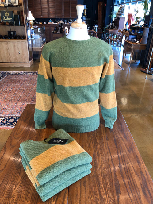 Harley of Scotland Men's Rugby Stripe Crew Neck Sweater in Olive Grove and Cumin