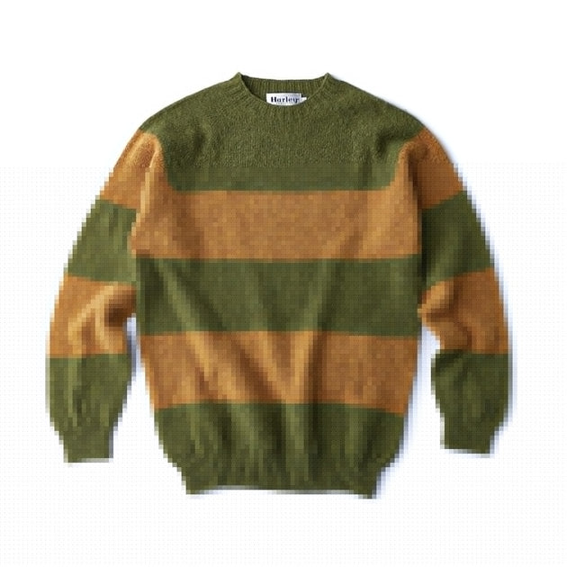 Harley of Scotland Men's Rugby Stripe Crew Neck Sweater in Olive Grove and Cumin
