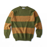 Harley of Scotland Men's Rugby Stripe Crew Neck Sweater in Olive Grove and Cumin