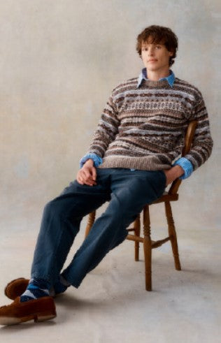 Harley of Scotland Men's All-Over Fairisle Crew Neck Sweater in Mushroom