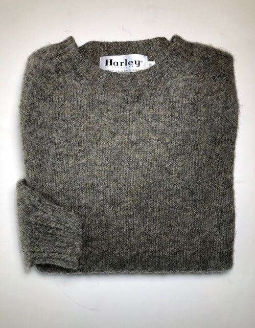 Harley of Scotland Men's Supersoft Wool Crew Neck Sweater in Fossil Grey Shaggy Brush