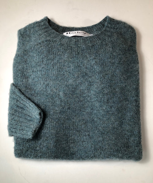 Harley of Scotland Men's Supersoft Wool Crew Neck Sweater in Verdigris Shaggy Brush