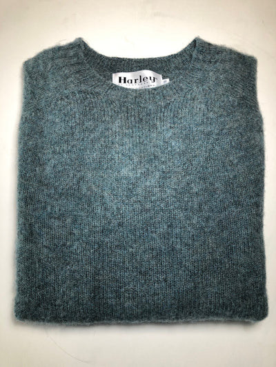 Harley of Scotland Men's Supersoft Wool Crew Neck Sweater in Verdigris Shaggy Brush