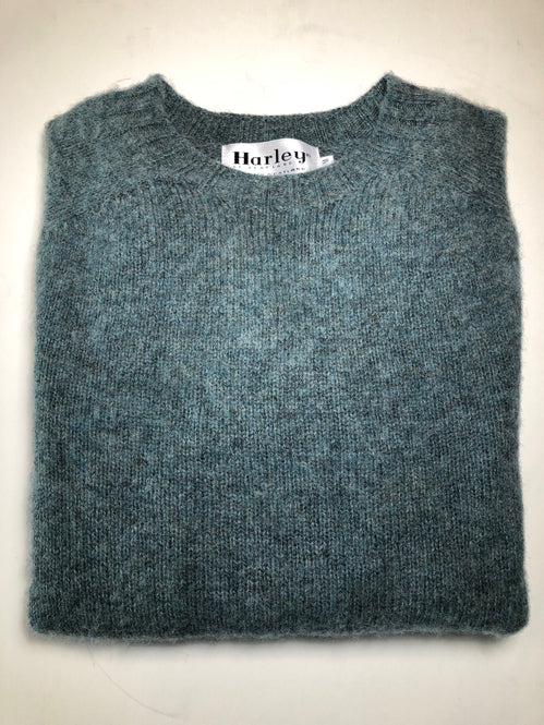 Harley of Scotland Men's Supersoft Wool Crew Neck Sweater in Verdigris Shaggy Brush