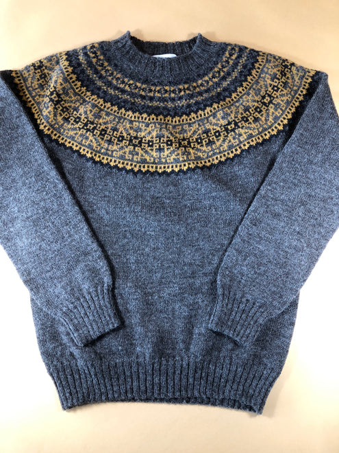 Harley of Scotland Men's VOE True Shetland Fair Isle Crew Neck Sweater in Grey