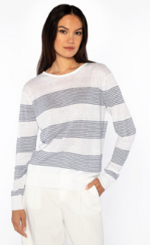 KINROSS MICRO STRIPE LINEN PULLOVER IN WHITE WITH INDIGO STRIPES