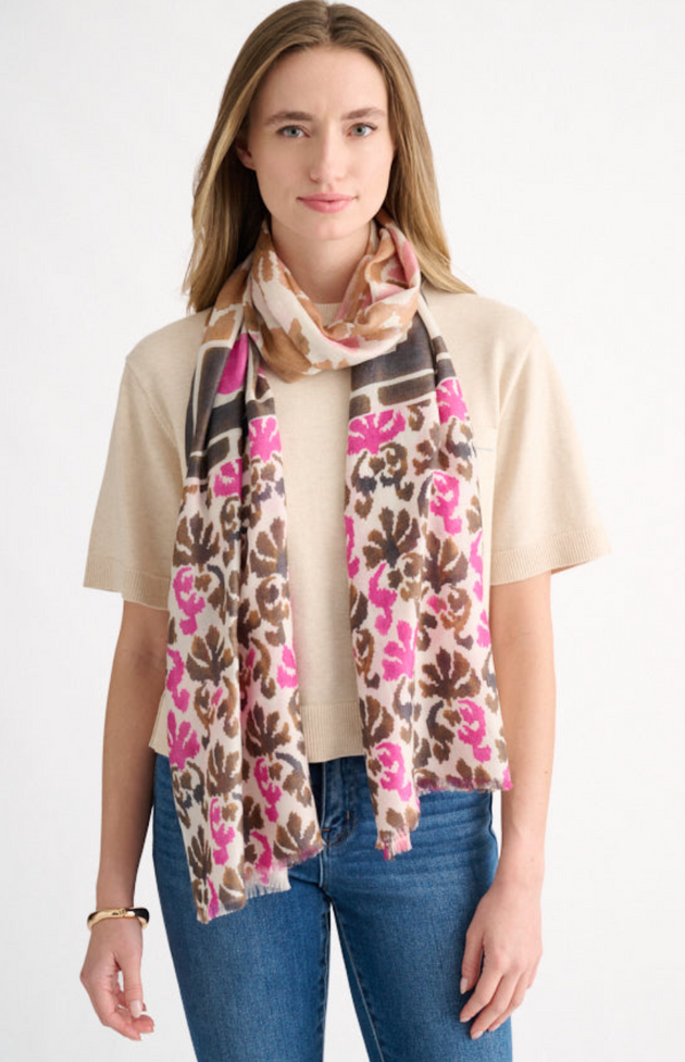 KINROSS CASHMERE MODERN GLEN PRINT SCARF IN CRANBERRY MULTI