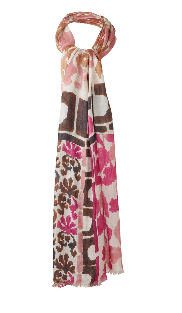 KINROSS CASHMERE MODERN GLEN PRINT SCARF IN CRANBERRY MULTI