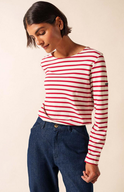 SAINT JAMES OF FRANCE WOMEN'S MINQUIDAME BRETON STRIPED TEE IN ECRU/PERSAN