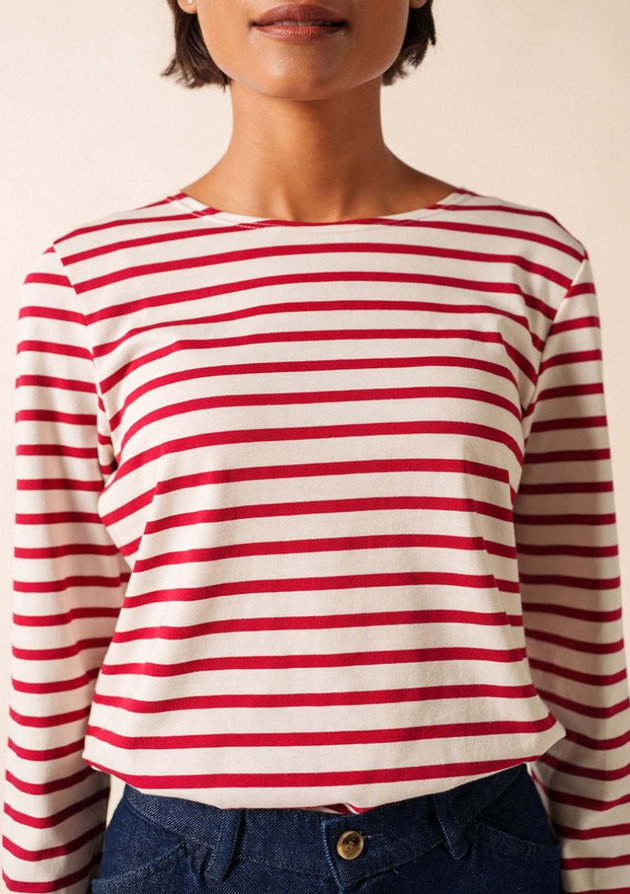 SAINT JAMES OF FRANCE WOMEN'S MINQUIDAME BRETON STRIPED TEE IN ECRU/PERSAN