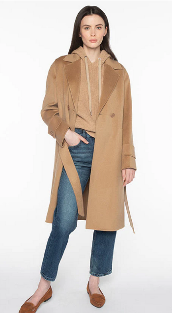 KINROSS NOTCH COLLAR BELTED CASHMERE/WOOL BLEND COAT IN CAMEL