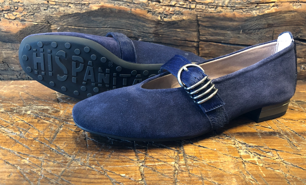 HISPANITAS Women's OSLO Ballerina in Navy Velour with Navy Pony Strap