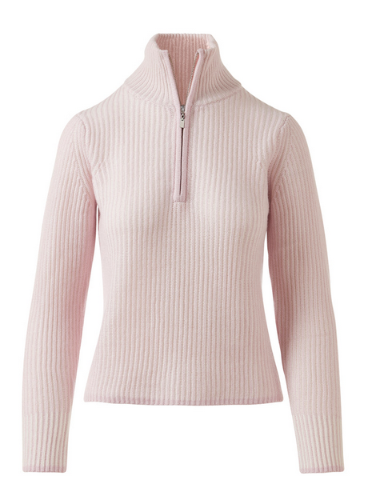 KINROSS CASHMERE PLAITED RIBBED ZIP MOCK NECK SWEATER IN BALLET/PEARL