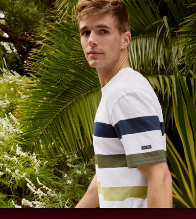 SAINT JAMES OF FRANCE MEN'S PHILEAS STRIPED 100% COTTON TEE IN WHITE/OLIVE