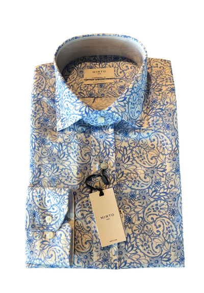 Mirto Long Sleeve Linen Blend Sport Shirt in Light Blue Paisley Pattern