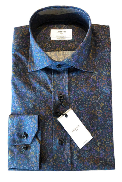 Mirto Long Sleeve Sport Shirt in Navy with Muted Floral Pattern