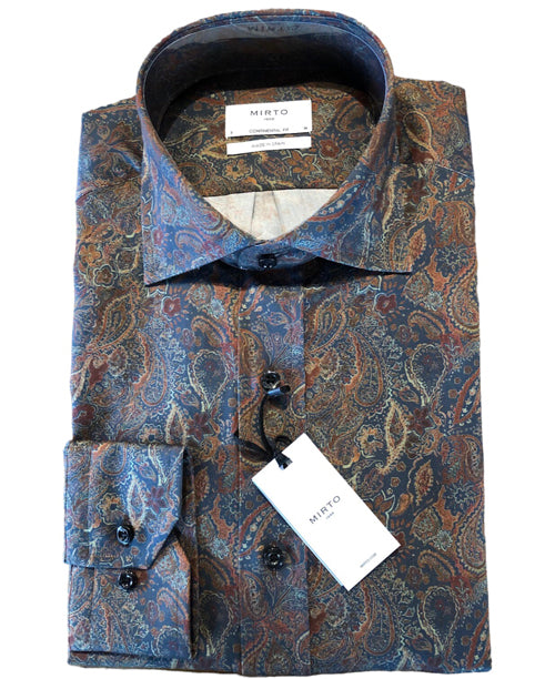 Mirto Long Sleeve Sport Shirt in Muted Paisley Pattern with Navy Background