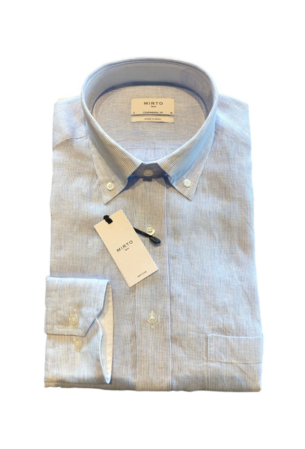 Mirto Long Sleeve Sportshirt in 100% Linen with Blue Stripes