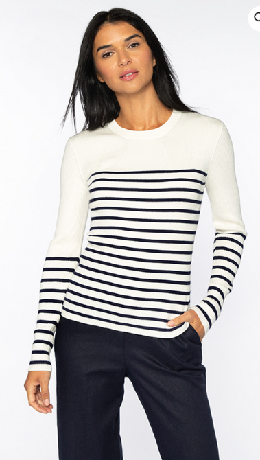 KINROSS RIBBED CREW IN WHITE WITH NAVY STRIPES