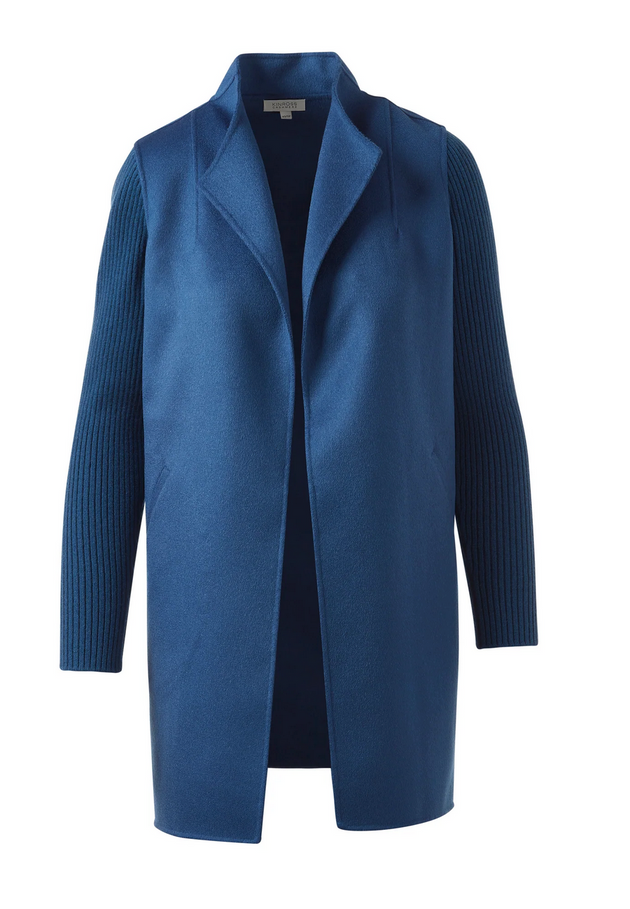 KINROSS CASHMERE RIBBED SLEEVE COAT IN SAPHIRE